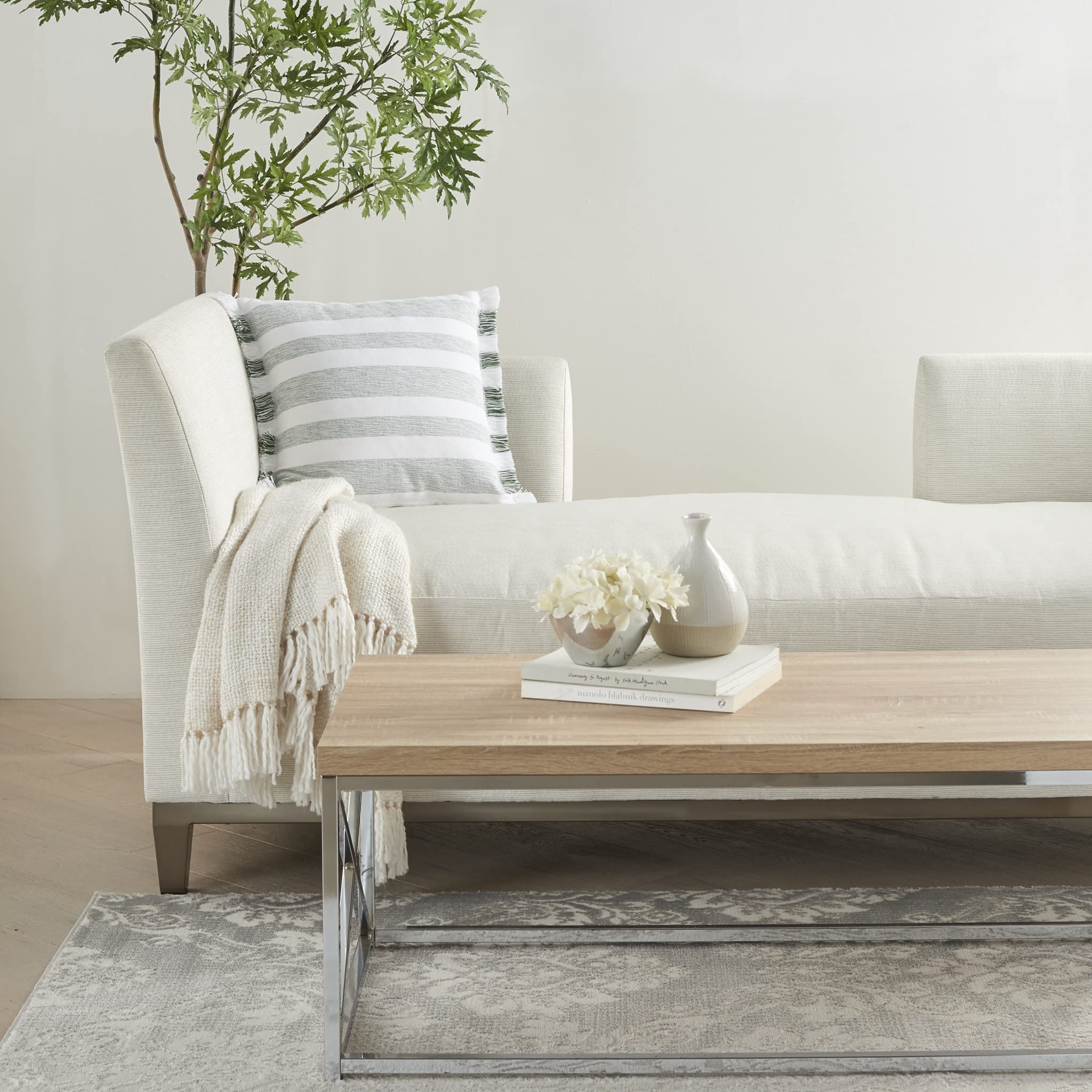 HomeRoots 100% Cotton Green and White Soft Stripes Square Throw Pillow