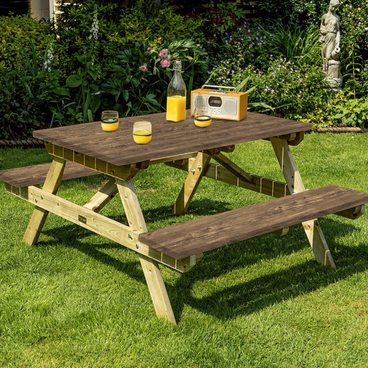 Famibay 3 Piece Picnic Table Cover And Bench Covers Waterproof Polyester Camping Table Cover With Elastic Washable Fitted Picnic Table Cover For Rectangle Tables(Wood Grain,12' X72'+30' X72')