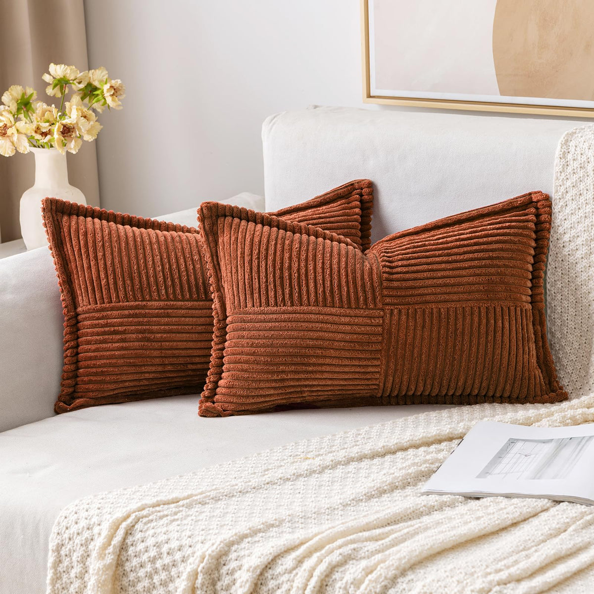 Miulee Dark Rust Pillow Covers 12X20 Inch With Splicing Set Of 2 Super Soft Boho Striped Corduroy Pillow Covers Broadside Decora