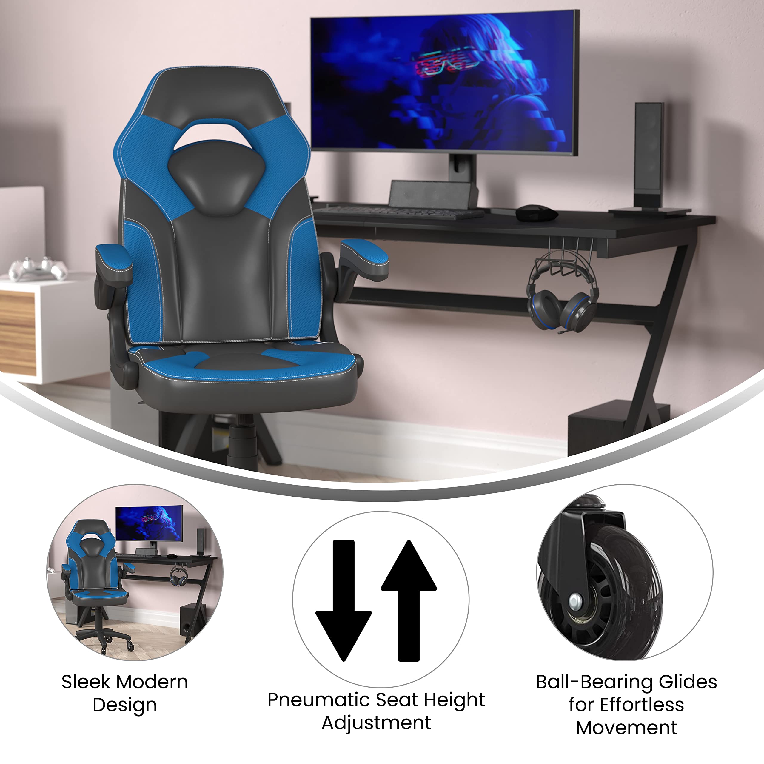 Flash Furniture X10 Gaming Chair Racing Office Computer Pc Adjustable Chair With Flip-Up Arms And Transparent Roller Wheels, Blue/Black Leathersoft