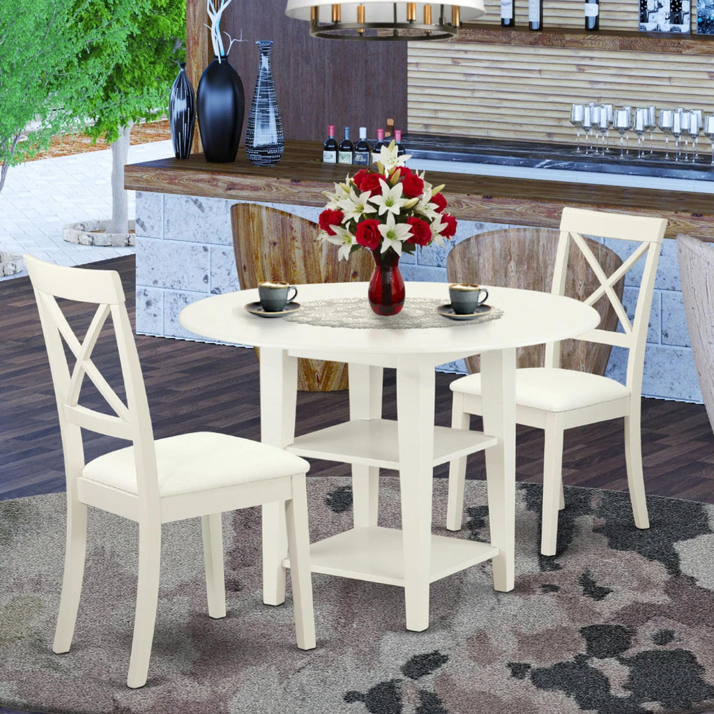 East West Furniture Subo3-Lwh-Lc 3 Piece Dining Room Furniture Set Contains A Round Dining Table With Dropleaf & Shelves And 2 Faux Leather Upholstered Chairs, 42X42 Inch, Linen White