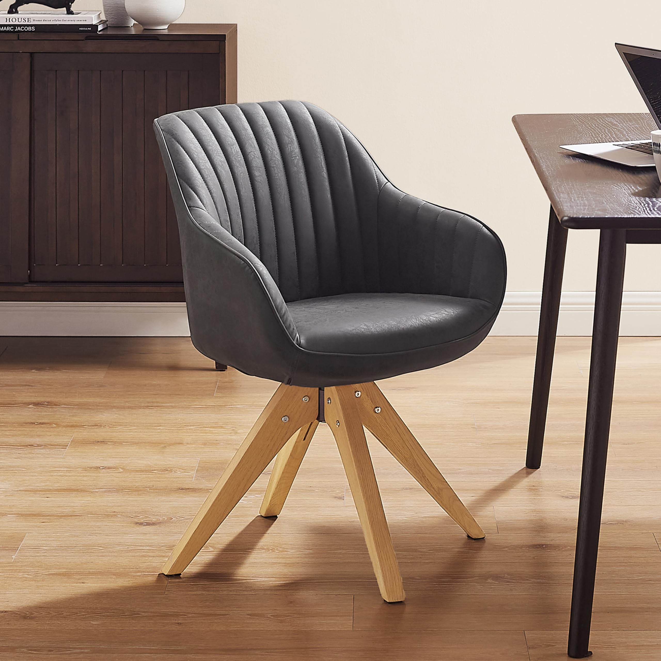 Art Leon Office Chair No Wheels, Mid Century Modern Desk Chair, Swivel Accent Chair with Oak Wood Legs, Faux Leather Upholstered