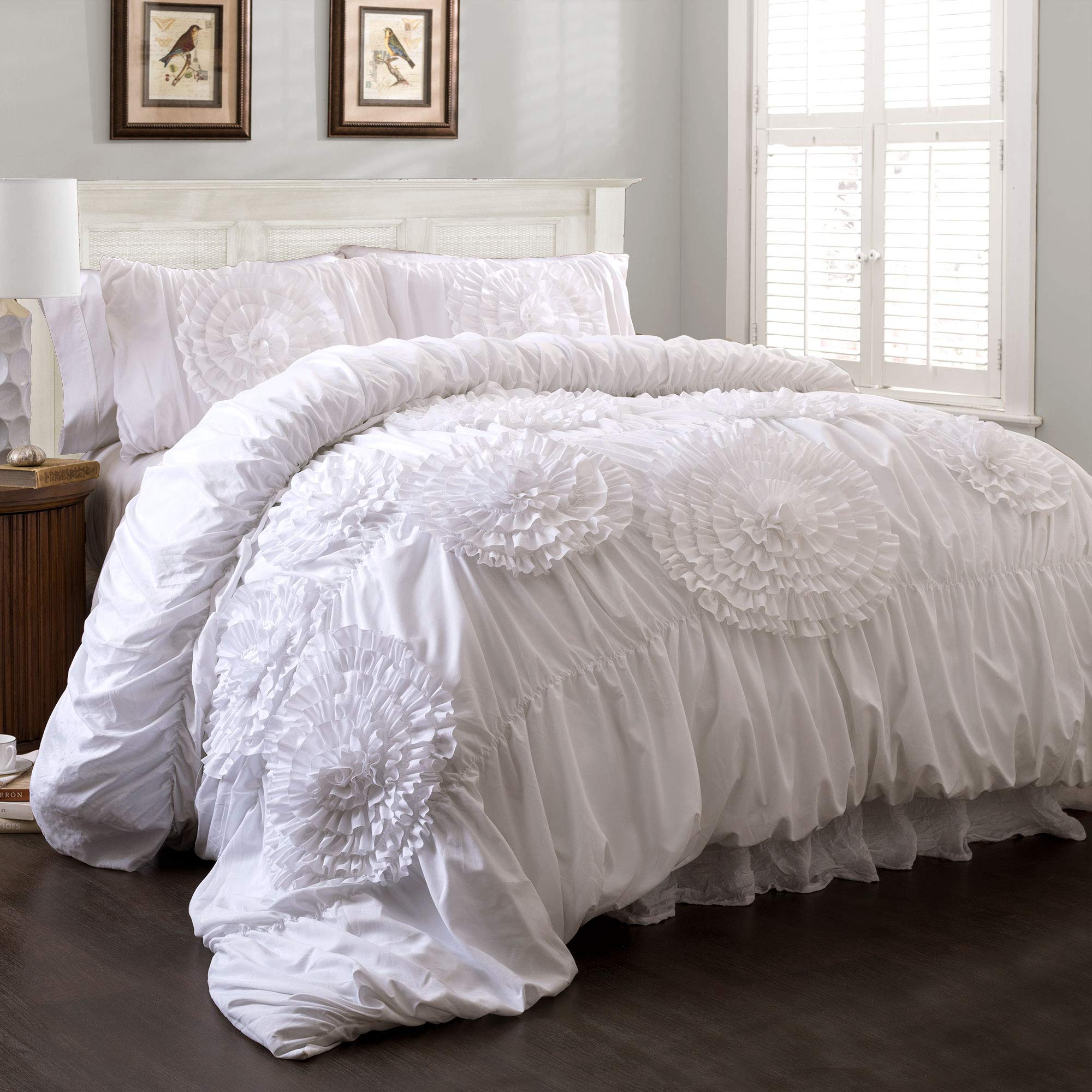 Lush Decor Serena Comforter Set, 3 Piece Set, Full/ Queen, White - Ruched Ruffled Flower Design - Romantic Ruffle Bedding Set -
