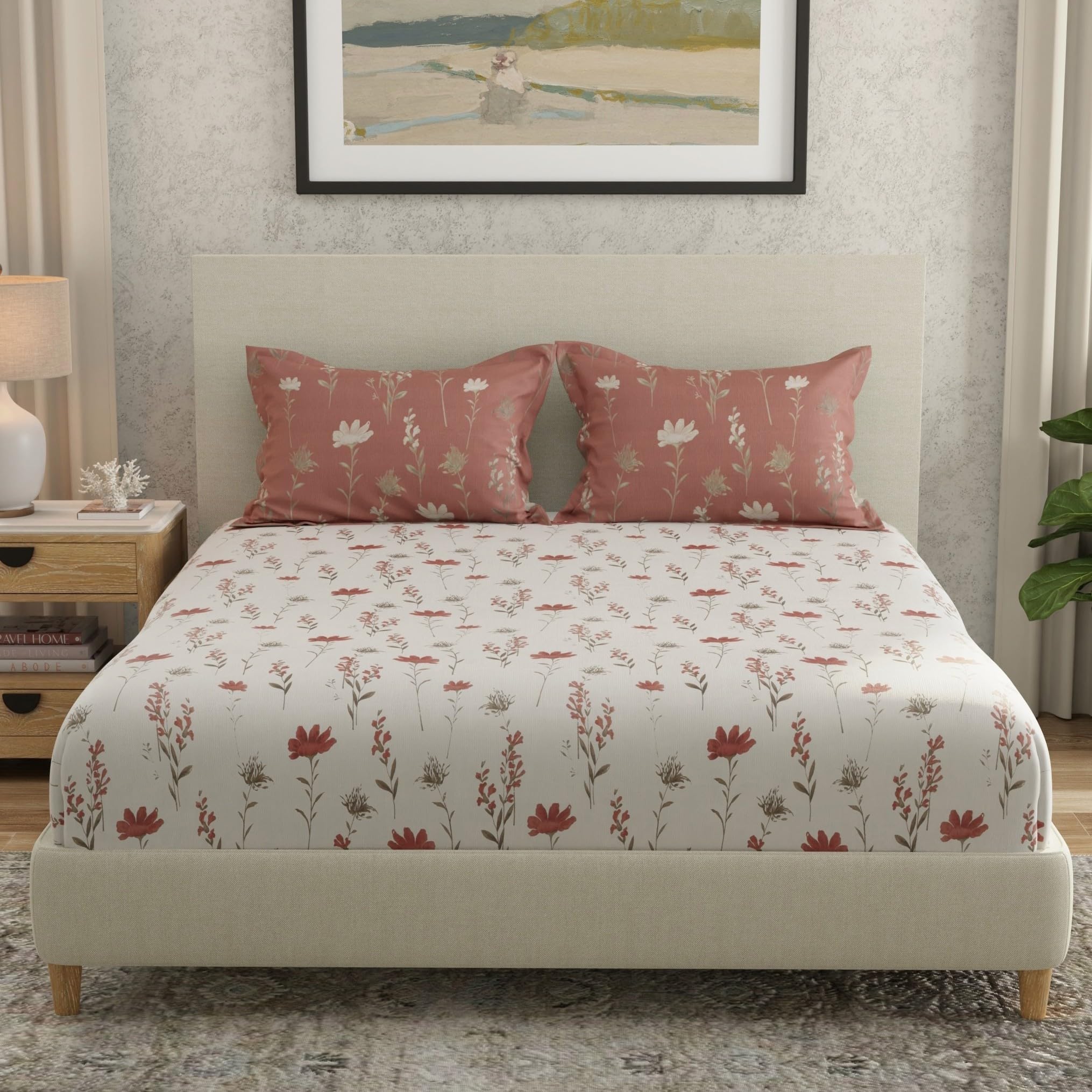 Huesland By Ahmedabad Cotton 144 Tc Double Bedsheet Cotton With 2 Pillow Covers | White, Rust & Grey