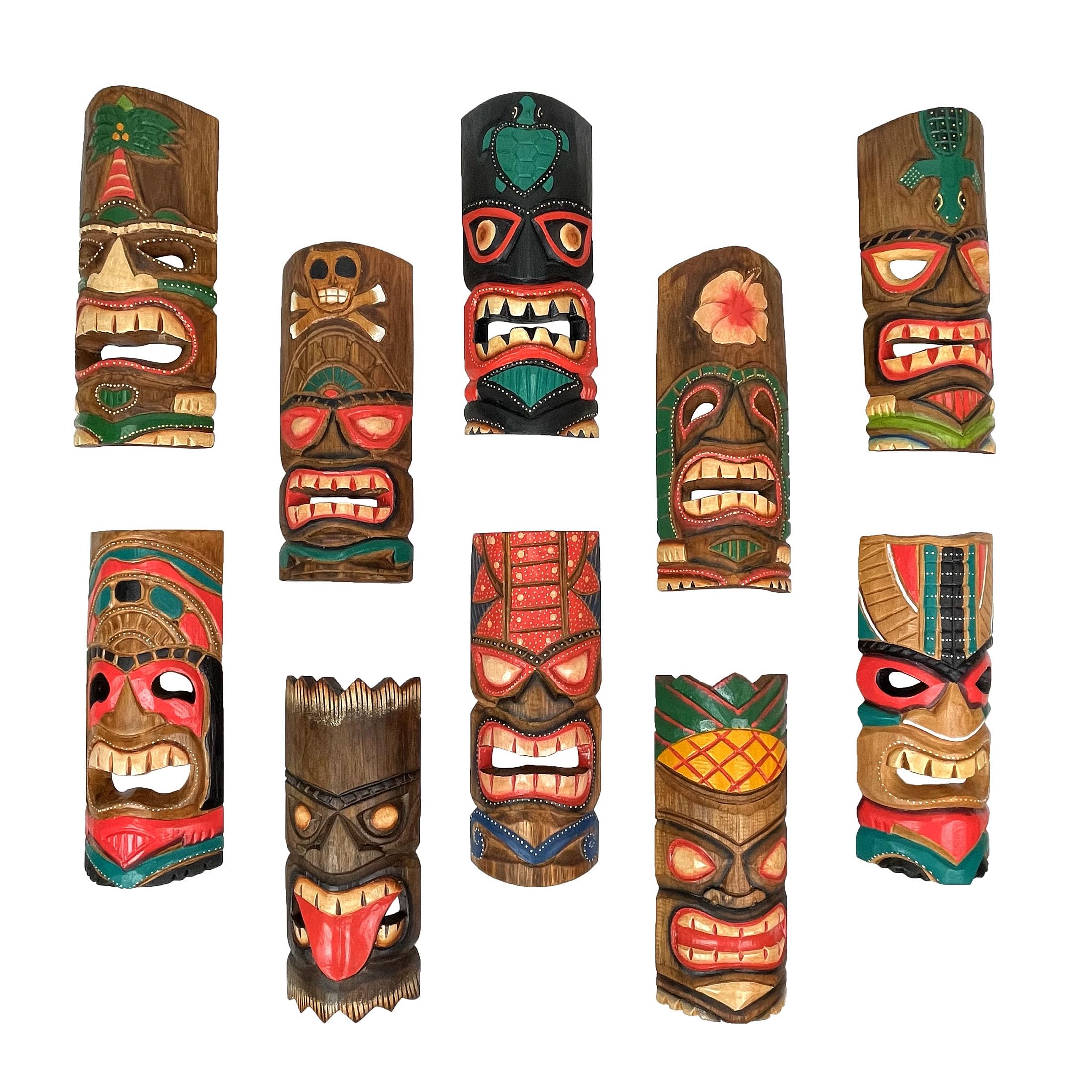 Set of 10 Hand-Carved Tiki Masks - 12-Inch Polynesian Wooden Wall Decor, Artisan-Crafted by Indonesian Masters, Vibrant Island C