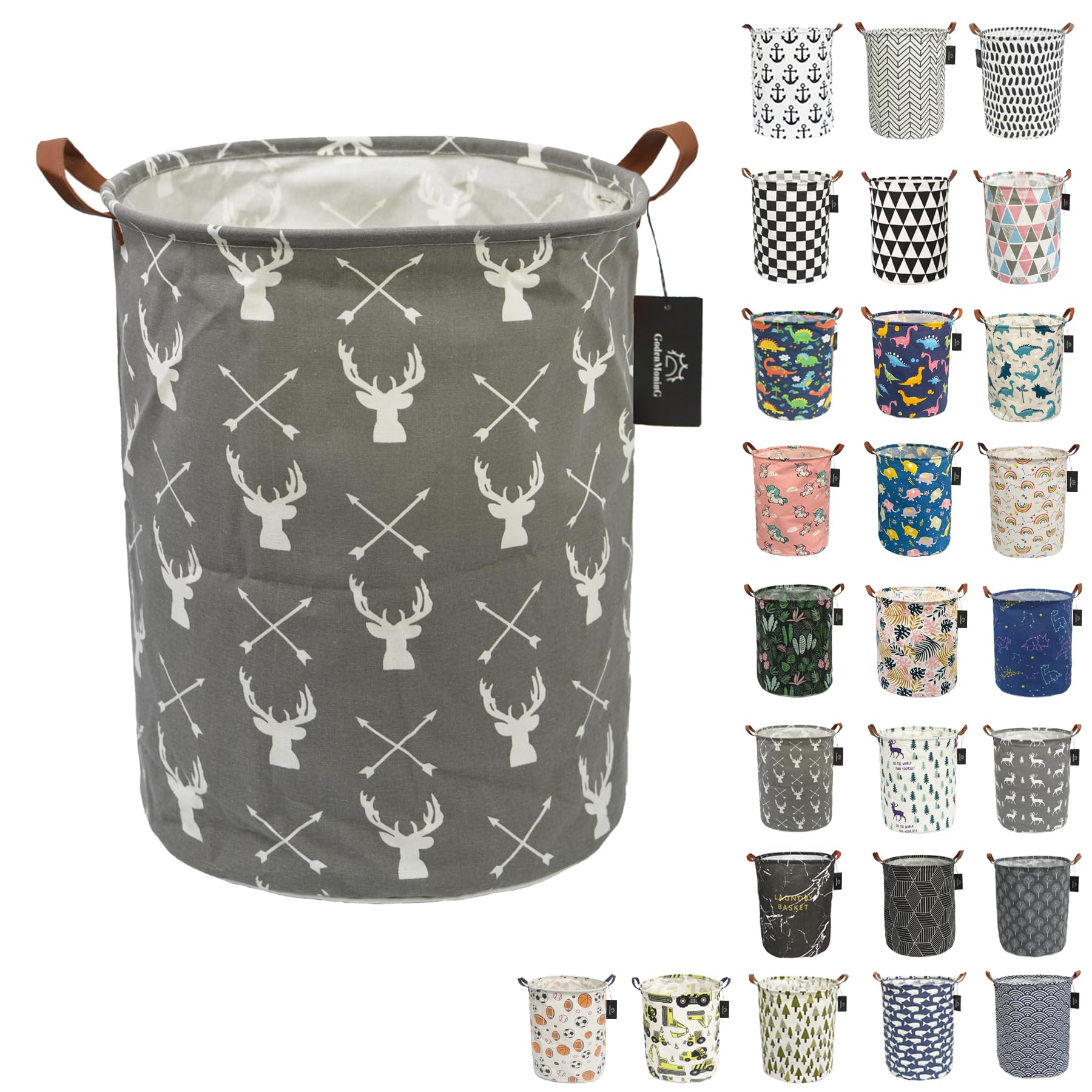 Collapsible Laundry Basket - Godenmoning 62.8L Large Sized Round Waterproof Storage Bin With Handles,Home Decor,Toy Organizer,Children Nursery Hamper. (Deer Leader)