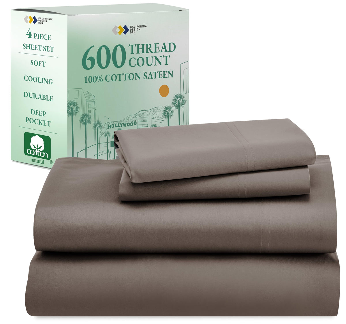 California Design Den 100% Cotton Full Size Bed Sheets, 600 Thread Count Sateen, Soft, Cooling Brown Full Size Sheet Set With De
