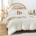 Yirddeo Ivory Queen Ball Pom Fringe Comforter Set 3Pcs, Boho Off White Aesthetic Luxurious Queen Bedding Set 3 Pieces, Vintage U