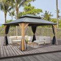 Domi Outdoor Living 12X14 Ft Wood Gazebo, Cedar Frame Hardtop Gazebo With Galvanized Steel Double Roof, Netting & Curtains, Pati