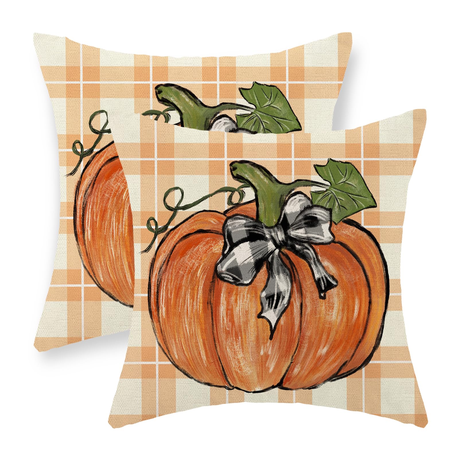 Gohdiwh Fall Pillow Covers 18X18 Set Of 2 Orange Pumpkin Leaf Buffalo Plaid Fall Decor Pillowcase Autumn Thanksgiving Decorative