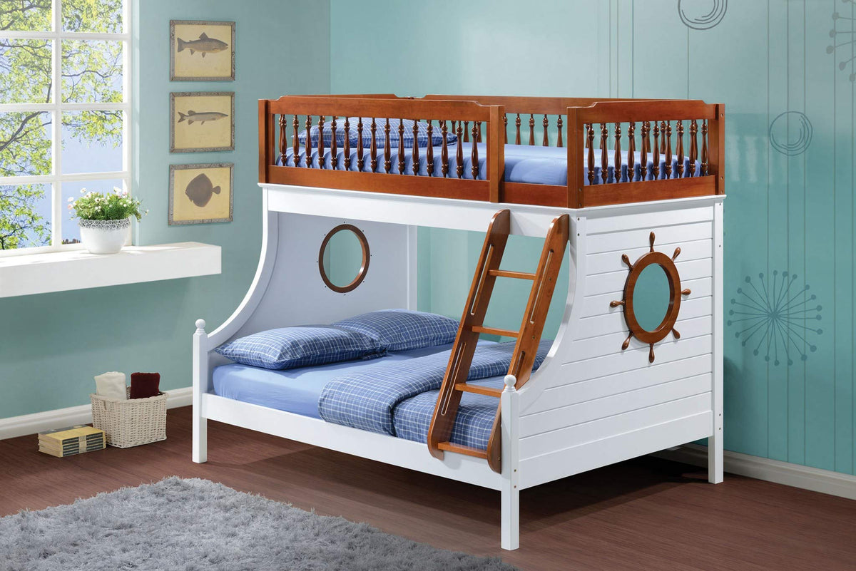 HomeRoots Furniture Twin/Full Bunk Bed, Oak & White - Malaysian Hardwood & Rubb Oak & White (285627)