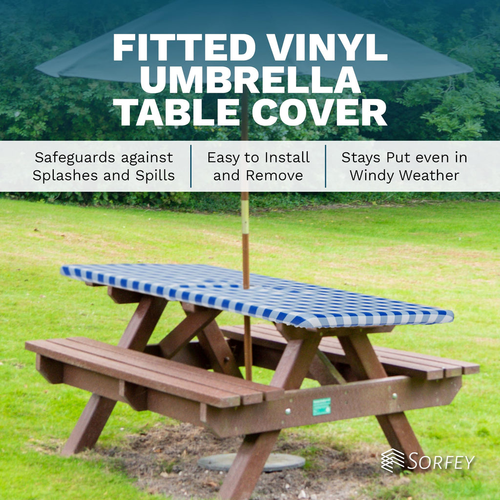 Sorfey Vinyl Umbrella Rectangle Fitted Tablecloth Cover, Checkered Design, Flannel Backed Lining 30X96 Inch, Green