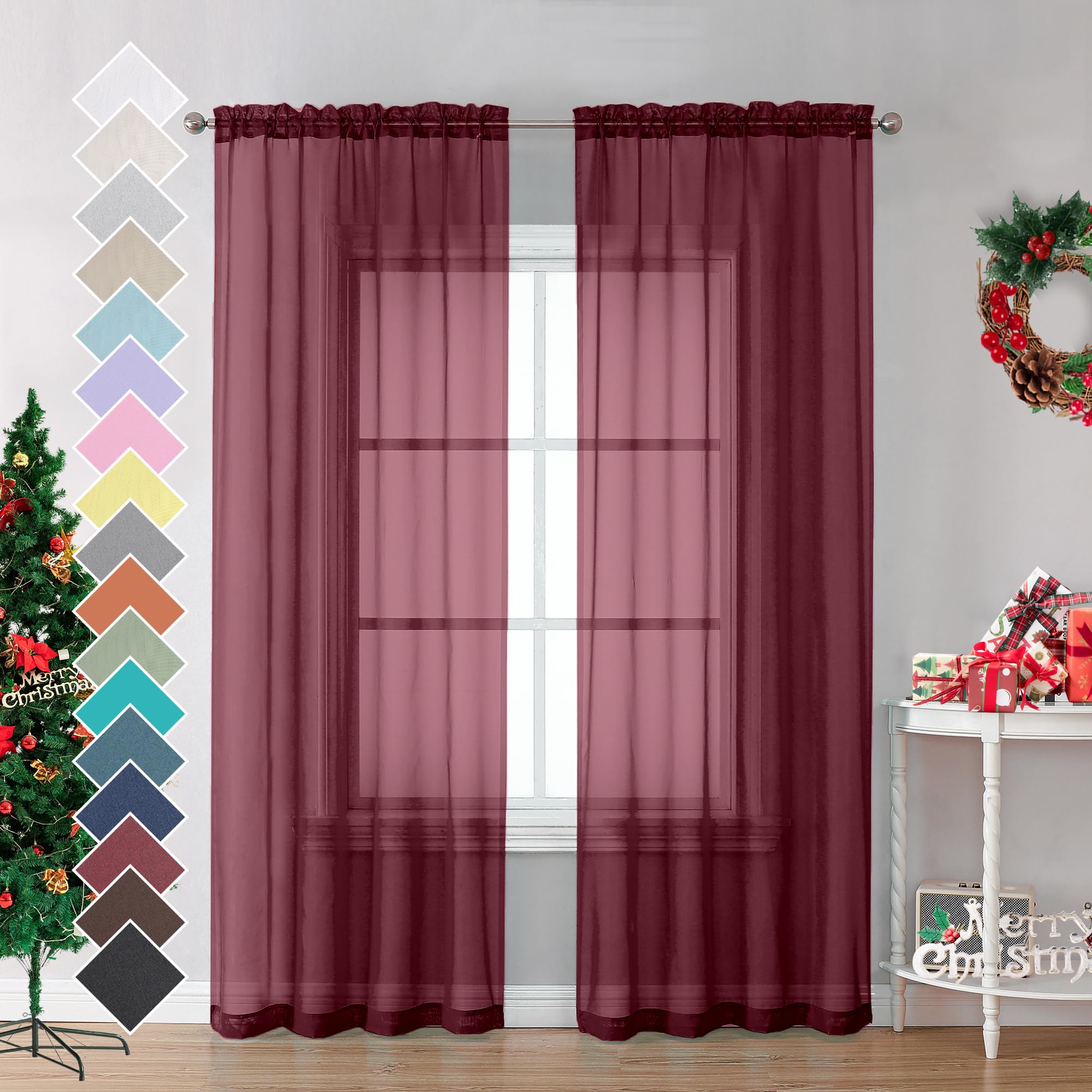 Ovzme Burgundy Sheer Curtains - 96' Length 2 Panels Set For Living Room Bedroom, Christmas Gorgeous Window Decoration For Party