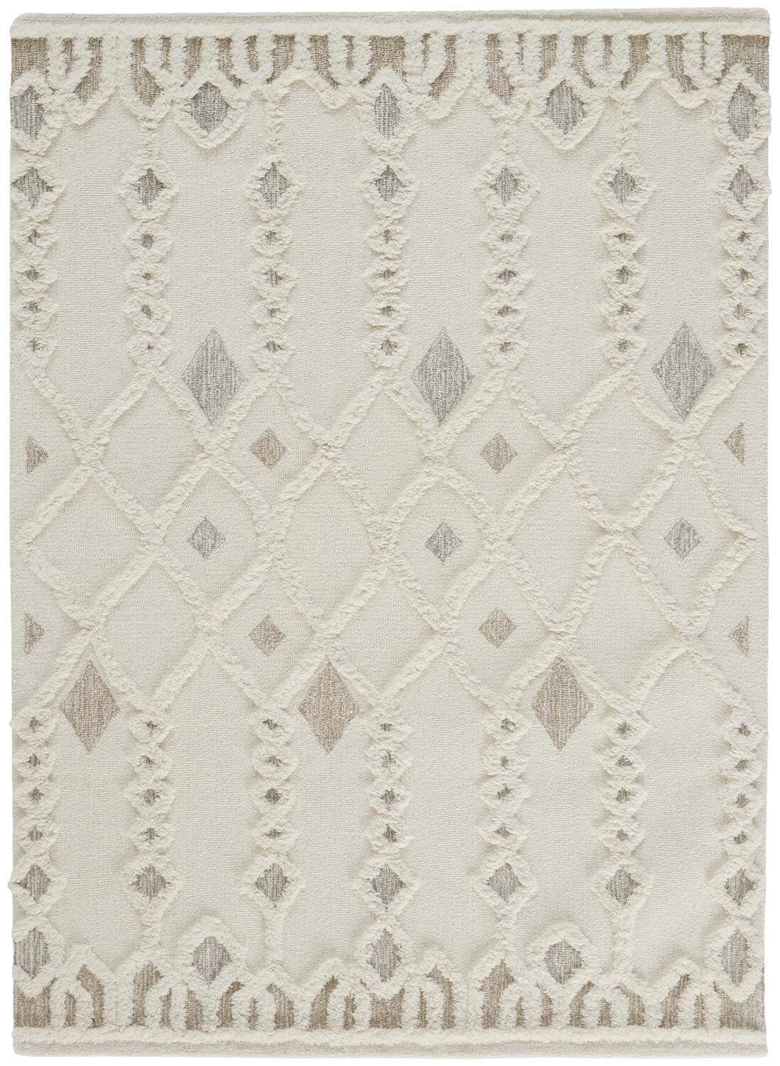 HomeRoots 512805 9 x 12 ft. Ivory Tan & Silver Wool Geometric Hand Tufted Handmade Stain Resistant Rectangle Area Rug