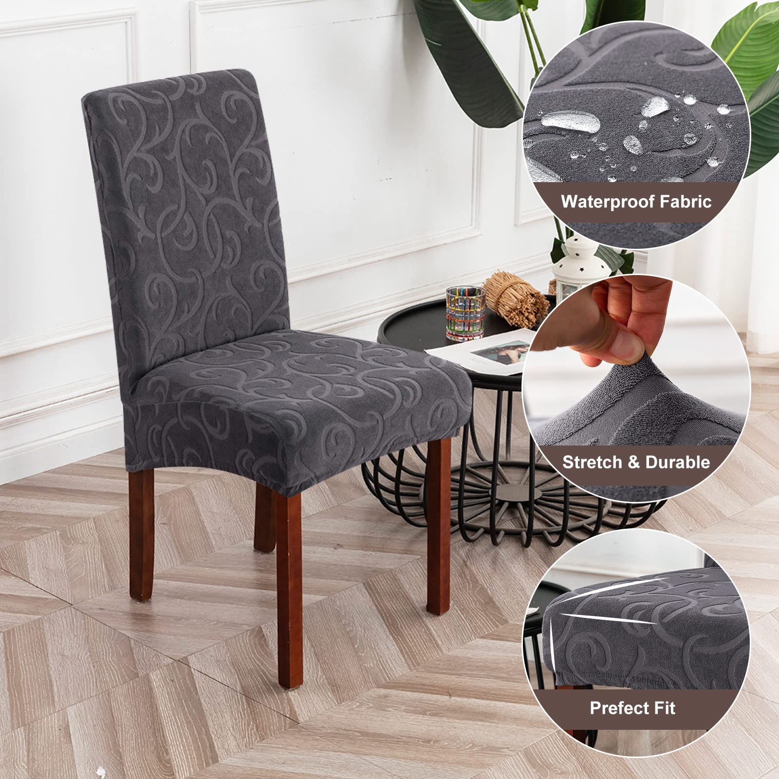 Genina Waterproof Dining Room Chair Covers Stretch Parsons Chair Slipcovers For Dining Room Kitchen Chair Protector Cover, Removable, Washable (6, Flower Pattern-Dark Gray)