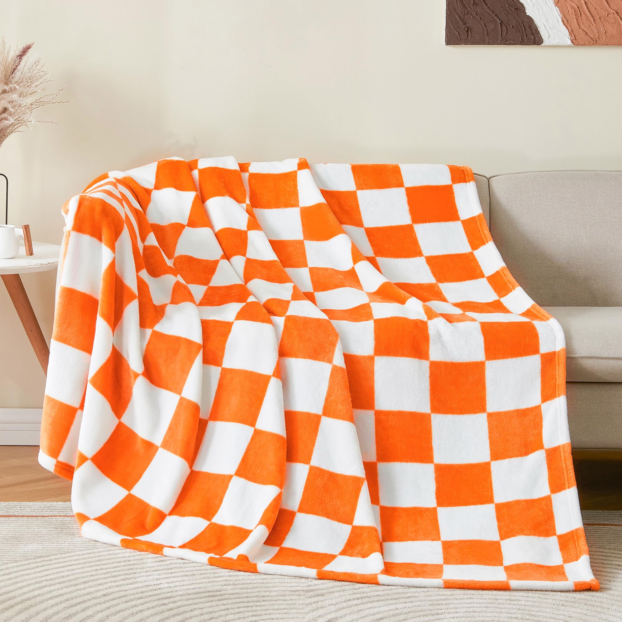 Bedelite Checkered Throw Blanket For Couch And Bed, Luxurious Fleece Blanket With Checkerboard Grid Home Decor, Soft Cozy Orange