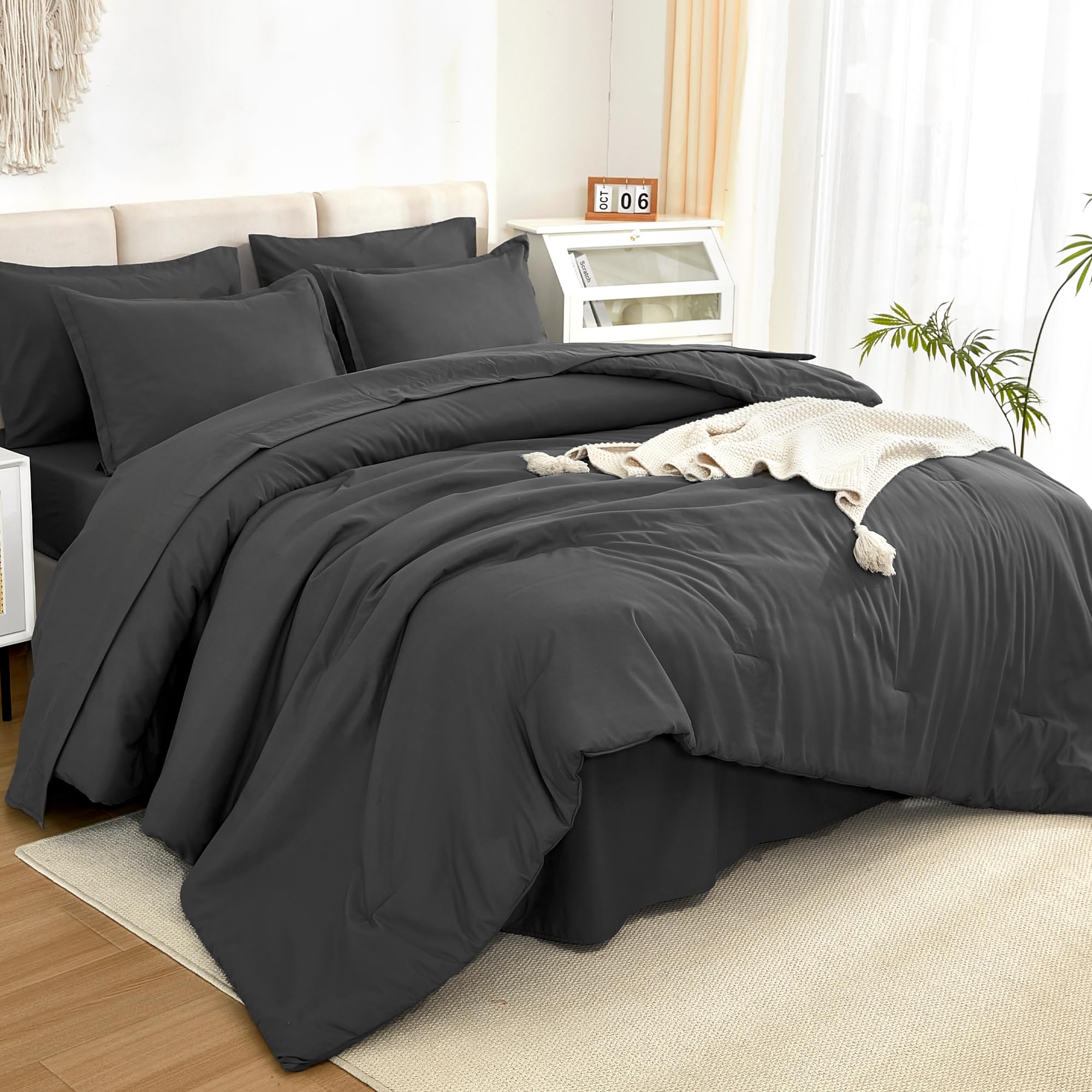 Litanika Comforter California King Size Set Dark Grey - 7 Pieces Bed In A Bag California King Beddding Comforter Sets, Plain Lig