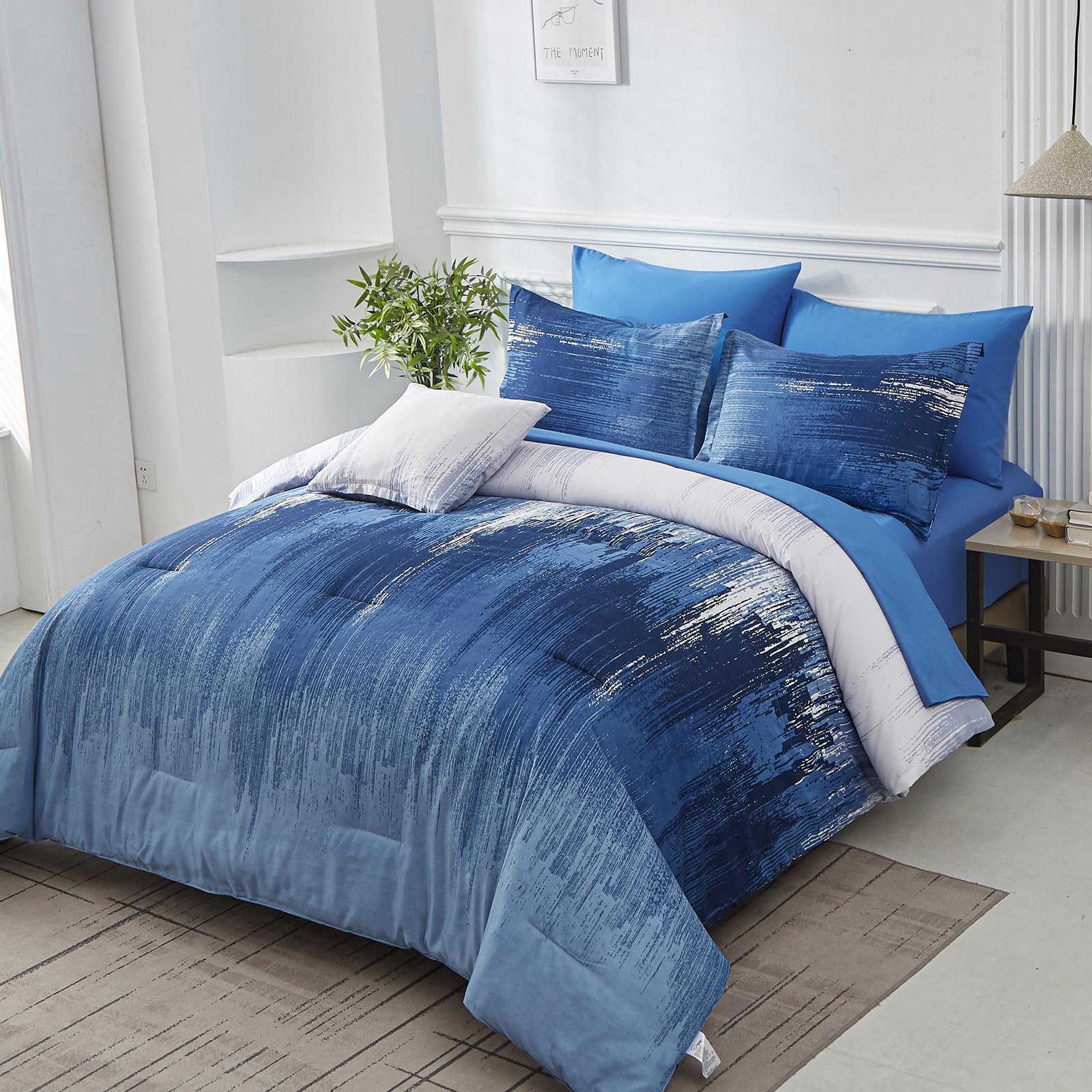 Dinjoy Ombre Blue Comforter Set Twin Size Reversible Gradient Blue Grey Boho Bedding Set For Men Women 7 Pieces Bed In A Bag Boh
