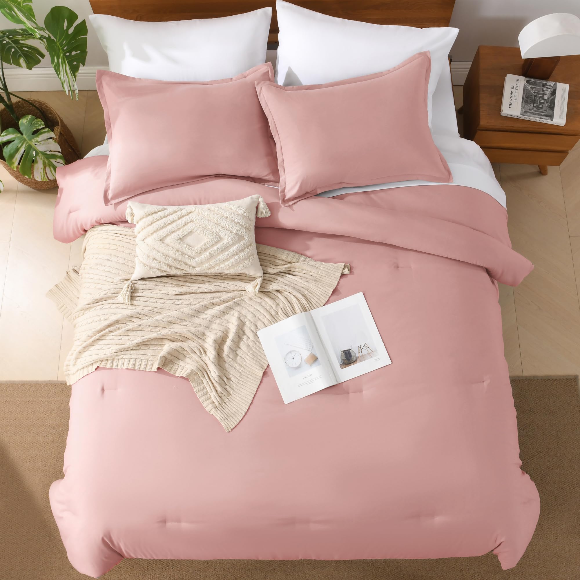 Andency Pink Comforter King Size - 7 Pieces Bed In A Bag King Bedding Comforter Sets, Summer Plain Soft Lightweight Comforter With Fitted Sheets, Flat Sheets, Pillowcases & Shams