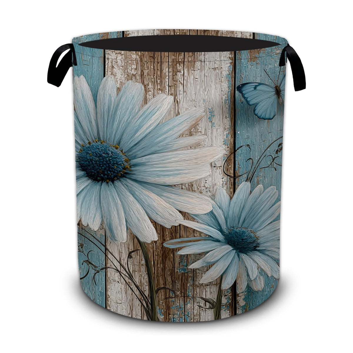 Daisy Butterfly Laundry Basket,Vintage Wood Panel Foldable Oxford Laundry Hamper with Handles,Collapsible Clothes Storage Basket