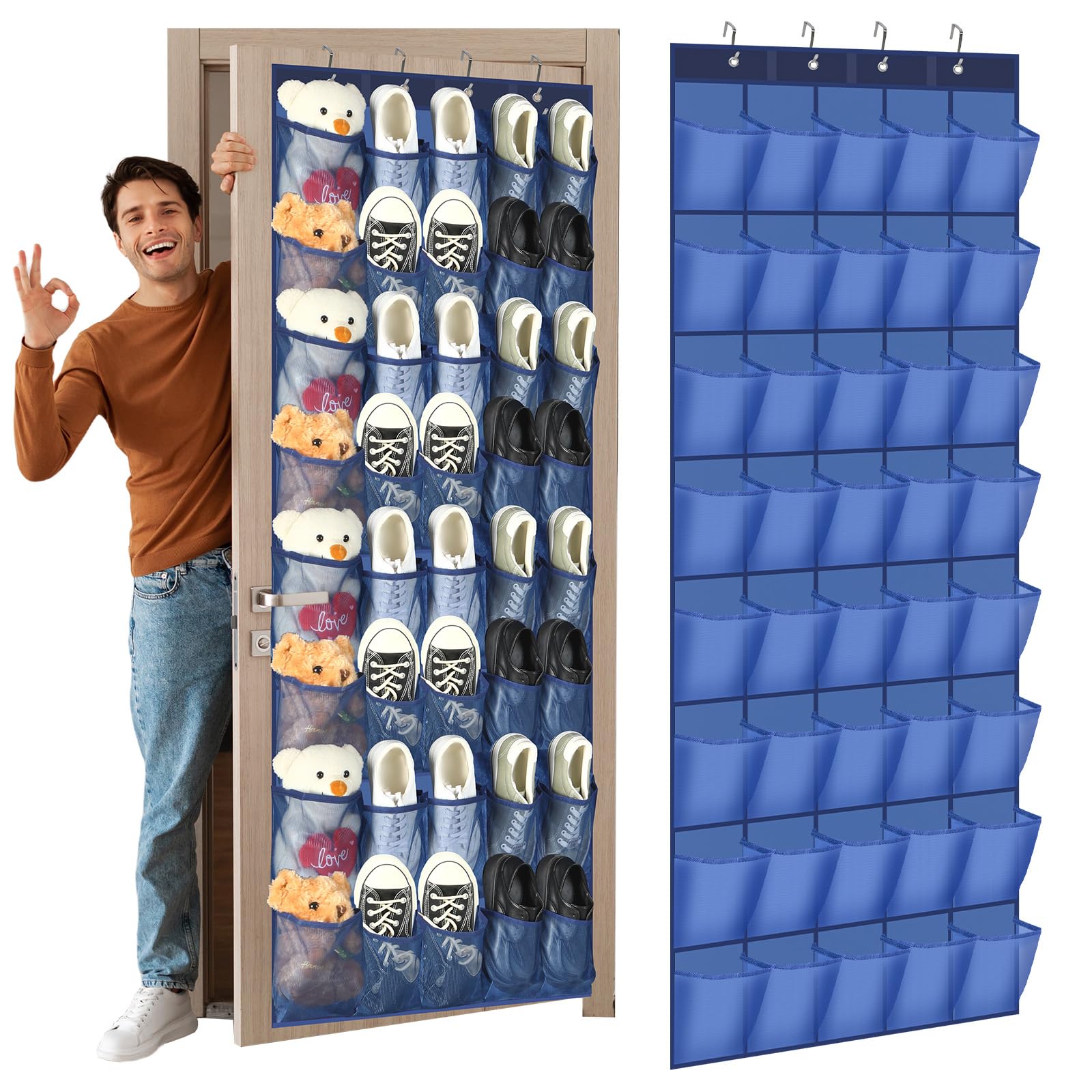 Windyun 40 Large Over The Door Hanging Shoe Organizer Navy Blue Mesh Pockets Shoe Rack For Closet Behind Door Hanger Storage Hol