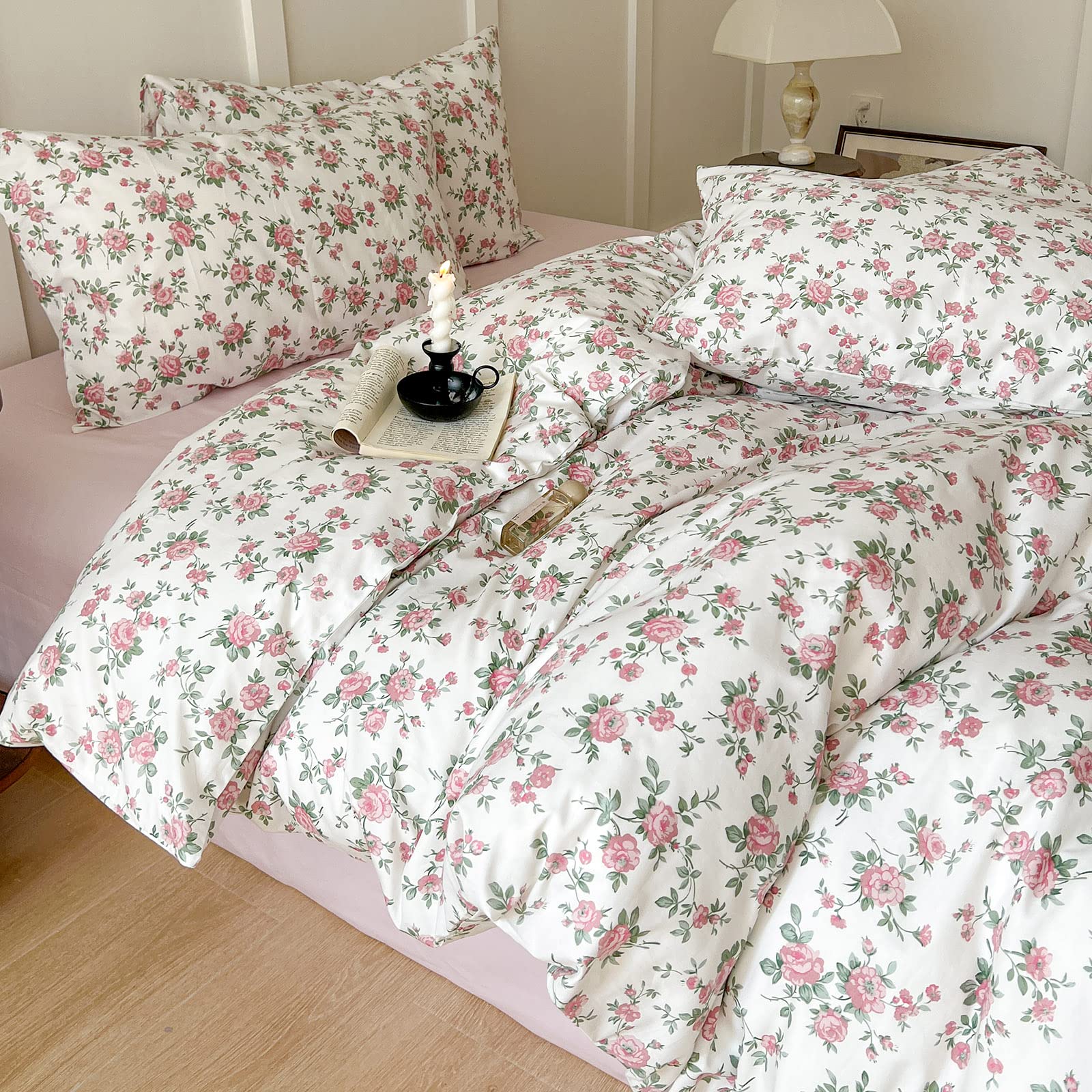 VM VOUGEMARKET Peach Pink Flower Duvet Cover Set Twin Cotton Girl's Blossom Comfoter Cover with Zipper Closure,Cottagecore Beddi
