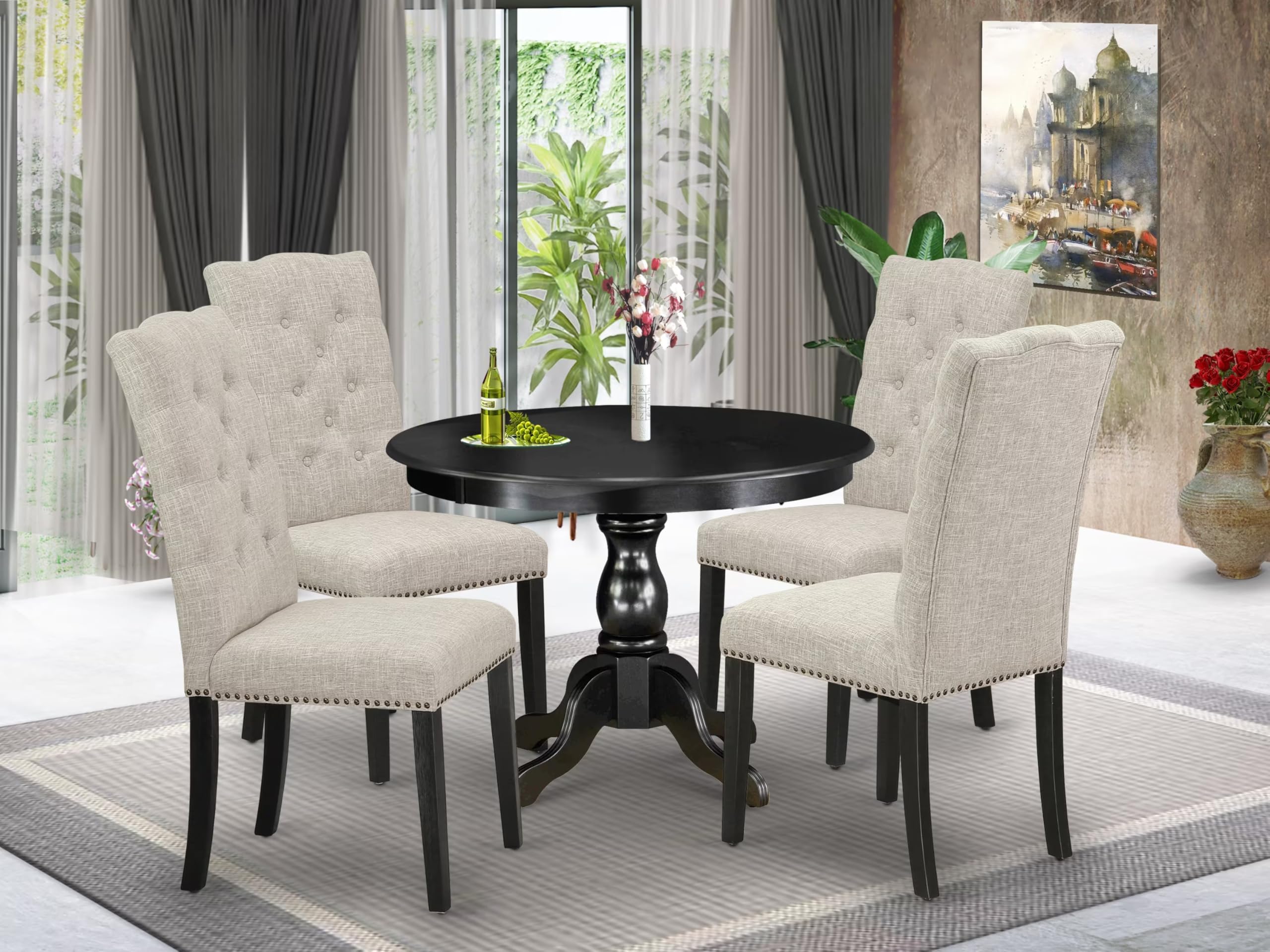 East West Furniture HBEL5-ABK-35 5 Piece Kitchen Table & Chairs Set Includes a Round Dining Room Table with Pedestal and 4 Doeskin Linen Fabric Upholstered Chairs, 42x42 Inch, Wirebrushed Black