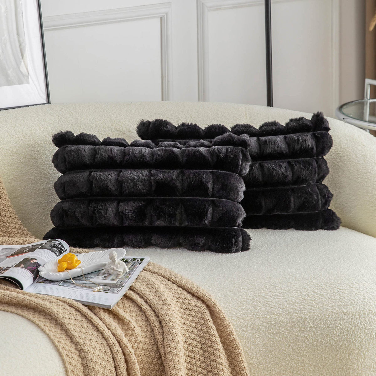 Neelvin Black Faux Fur Cozy Soft Plaid Decorative Throw Pillow Covers 12X20 Inch Set Of 2,Velvet Pillowcase Cushion Case For Sof