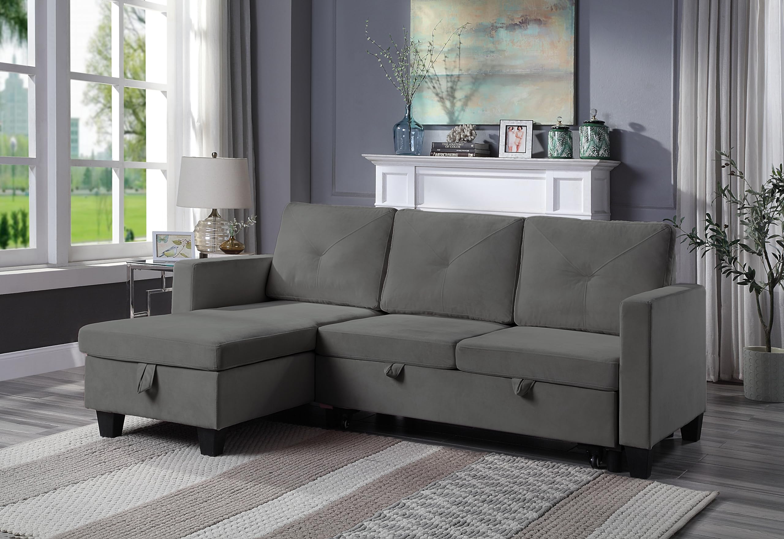 Lilola Home Nova 82.5&quot; W Dark Gray Velvet Reversible Sleeper Sectional Sofa with Storage Chaise