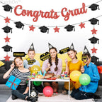 Katchon, Glitter Congrats Grad Banner Red And Black - 10 Feet | Black And Red Graduation Banner, Grad Cap Garland For Graduation