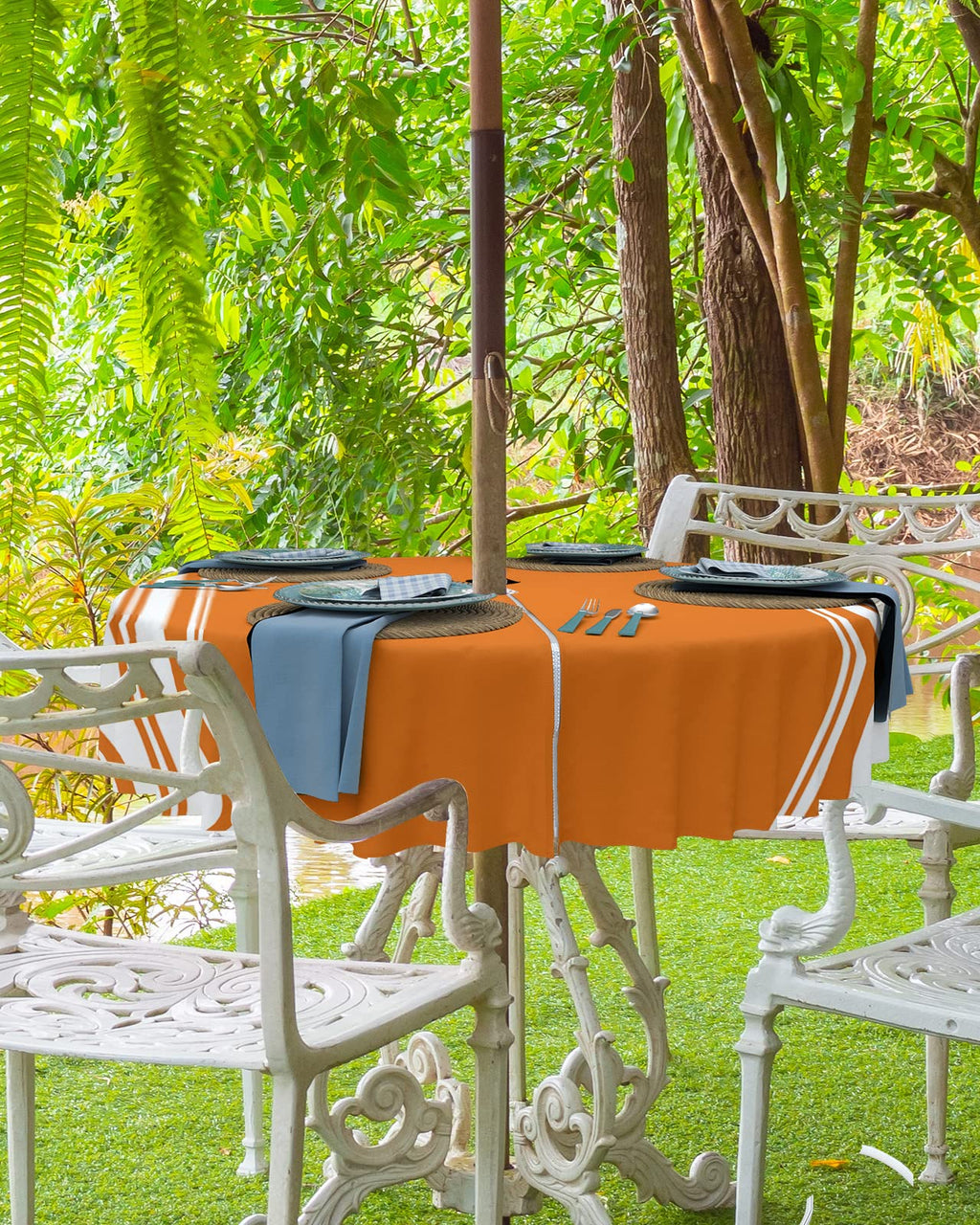 Fall Outdoor Tablecloth With Umbrella Hole, Farmhouse Orange White Stripe Round Tables Zippered Table Cloth Waterproof Tabletop