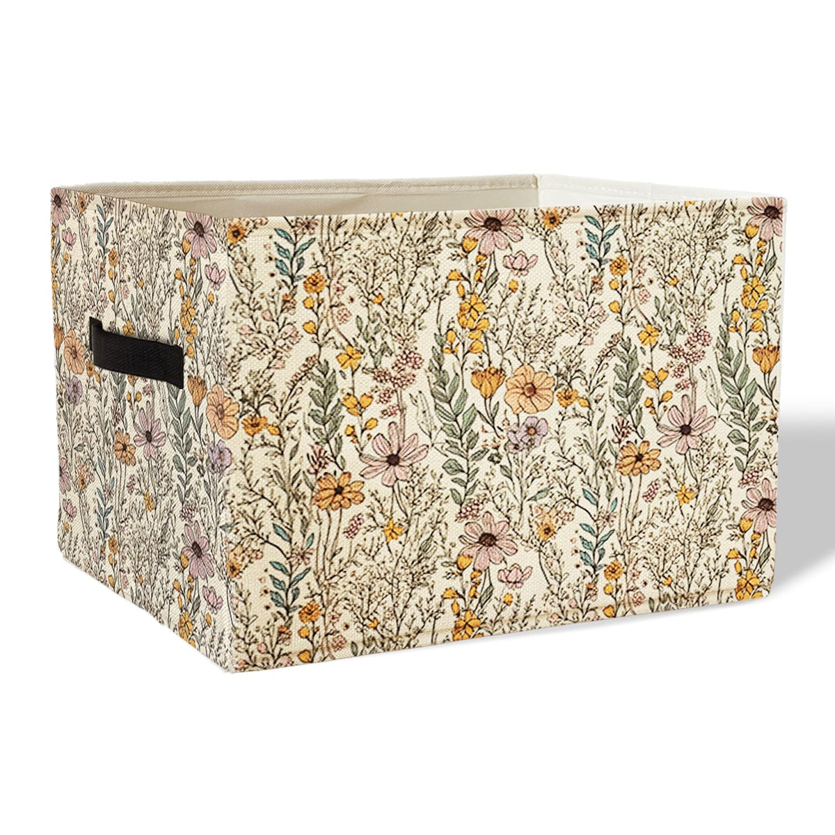 XDFVL Floral Storage Basket Bins With Handles for Girls Kids, Wildflower Botanical Decor Floral Pattern Foldable Laundry Basket 