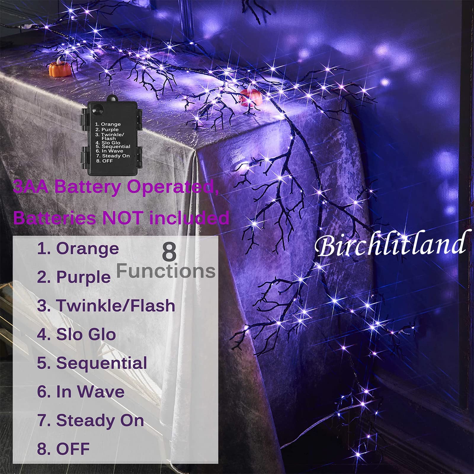 Birchlitland Halloween Lighted Garland 6Ft 120L Orange And Purple Bi-Color Led Lights 8 Functions, Black Glittered Garland Light
