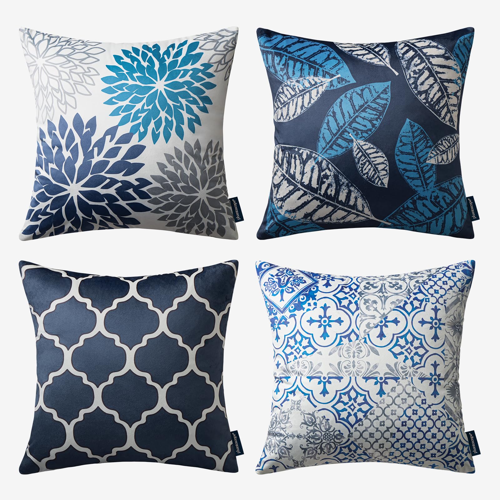 Phantoscope Set Of 4 New Living Series Velvet Pillow Leaf Geometric Throw Decorative Velvet Pillow Cover Cushion Cover, Dark Blue 20 X 20 Inches 50 X 50 Cm