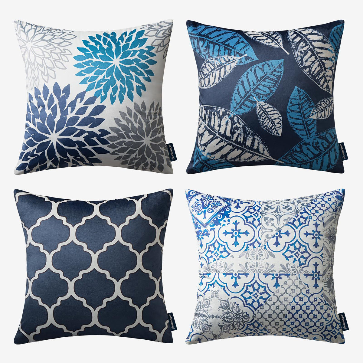 Phantoscope Set Of 4 New Living Series Velvet Pillows Leaf Geometric Throw Decorative Velvet Pillow Cover Cushion Cover, Dark Blue 18 X 18 Inches 45 X 45 Cm