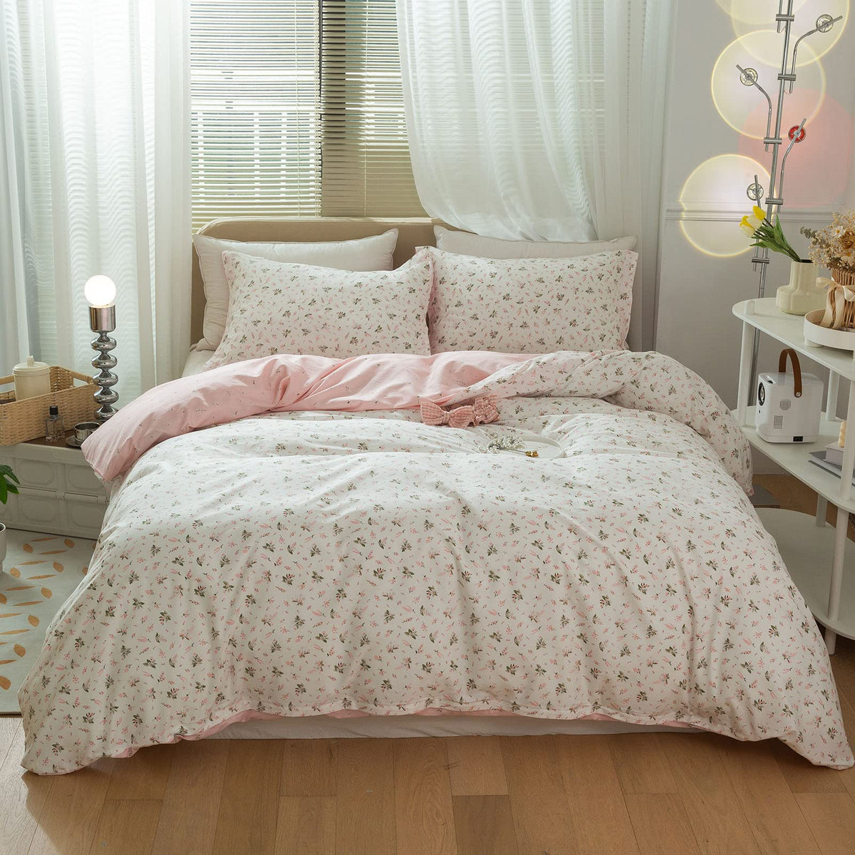 Vm Vougemarket Reversible Pink White Flower Duvet Cover Set Full 100% Cotton Girls Aesthetic Garden Style Duvet Cover With 2 Pil
