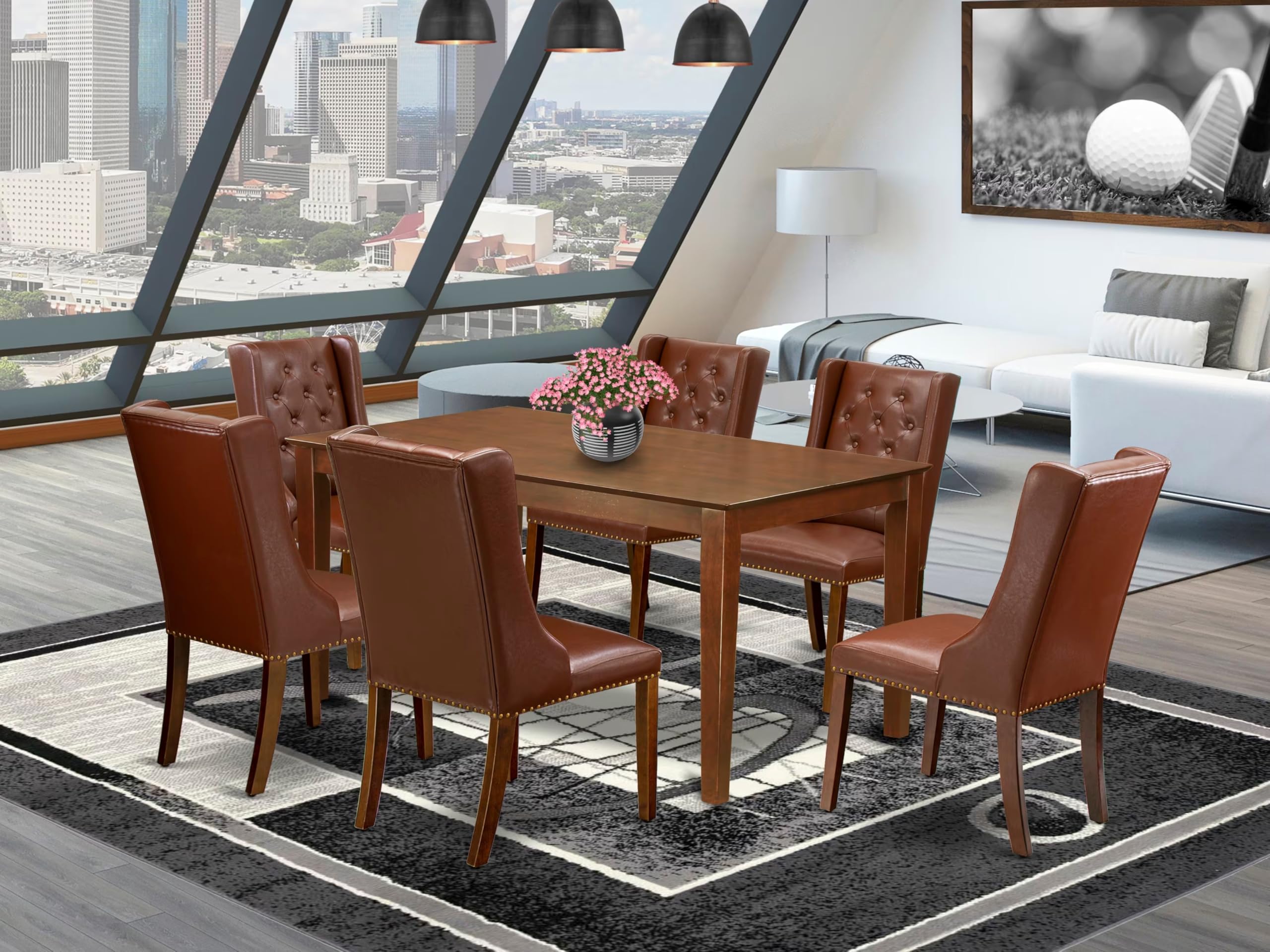 East West Furniture CAFO7-MAH-46 7 Piece Modern Dining Table Set Consist of a Rectangle Wooden Table and 6 Brown Faux Faux Leather Parson Dining Chairs, 36x60 Inch, Mahogany