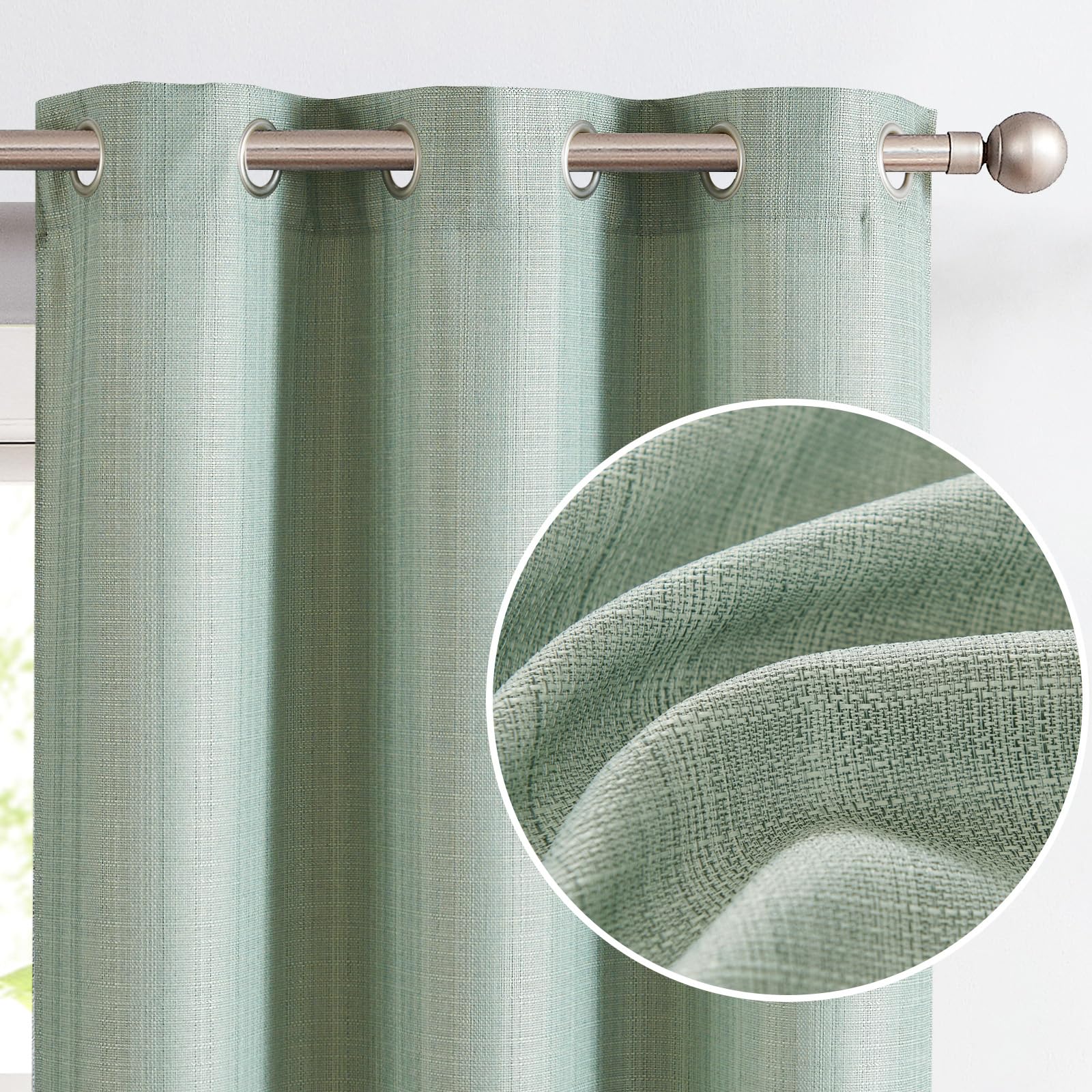 Jinchan Linen Textured Curtains 63 Inch Length 2 Panels For Living Room Heathered Green Curtains Grommet Top Light Filtering Window Drapes For Bedroom