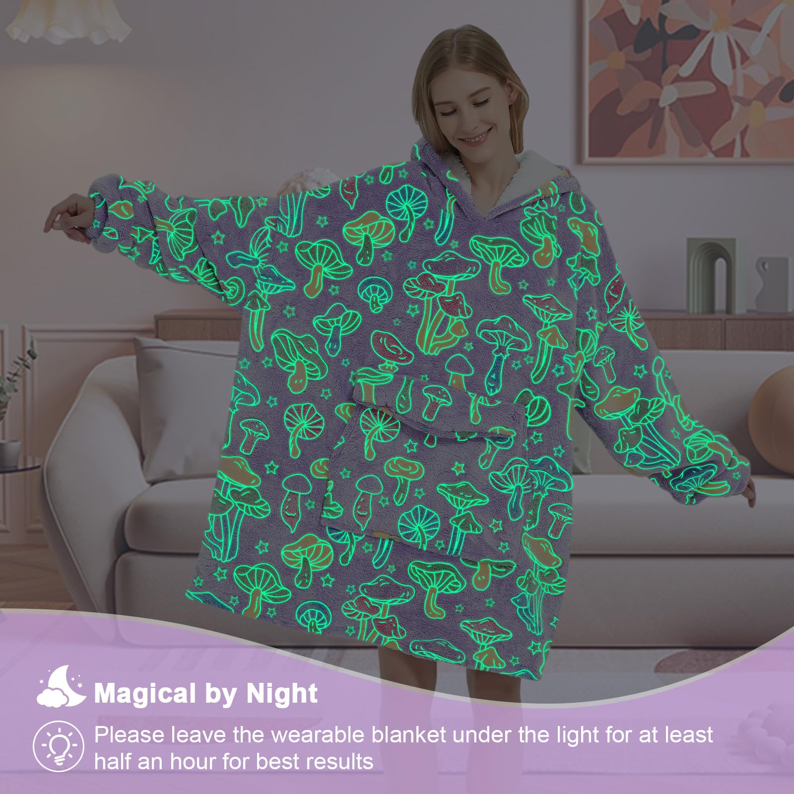 Mewkou Adults Mushroom Wearable Blanket Hoodie Sherpa Fleece Oversized for Women Men