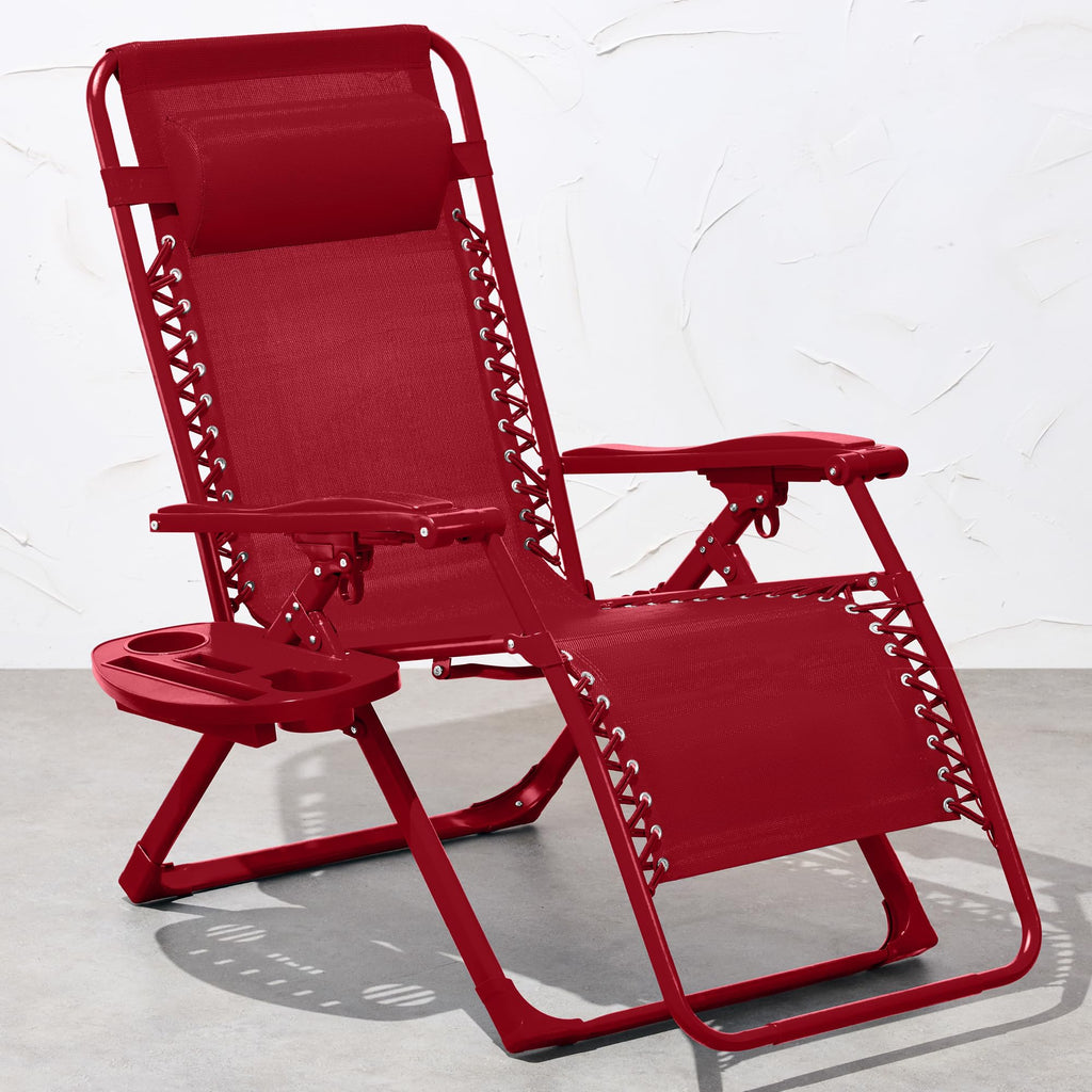 Best Choice Products Adjustable Zero Gravity Chair, Monochromatic Color Folding Patio Recliner W/Side Tray, Headrest - Ruby