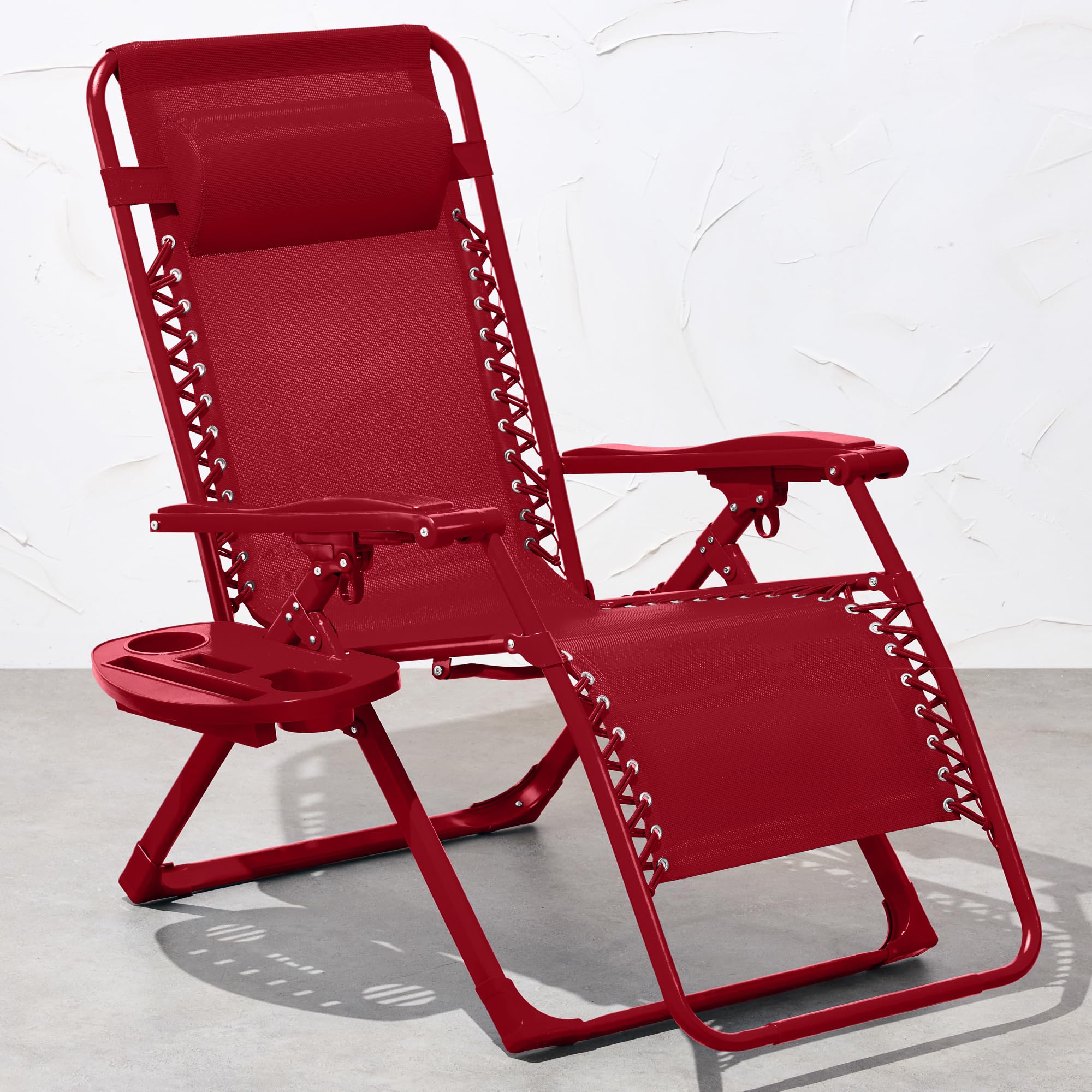 Best Choice Products Adjustable Zero Gravity Chair, Monochromatic Color Folding Patio Recliner W/Side Tray, Headrest - Ruby