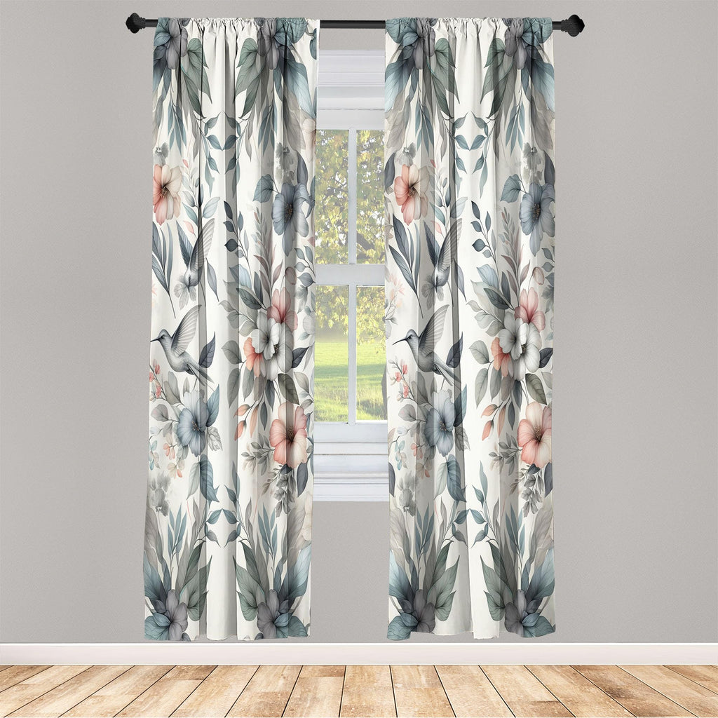 Ambesonne Birds And Nature Curtains, Muted Tone Leafy Floral Huddles With Hummingbirds Urban Jungle, Window Treatments 2 Panel S