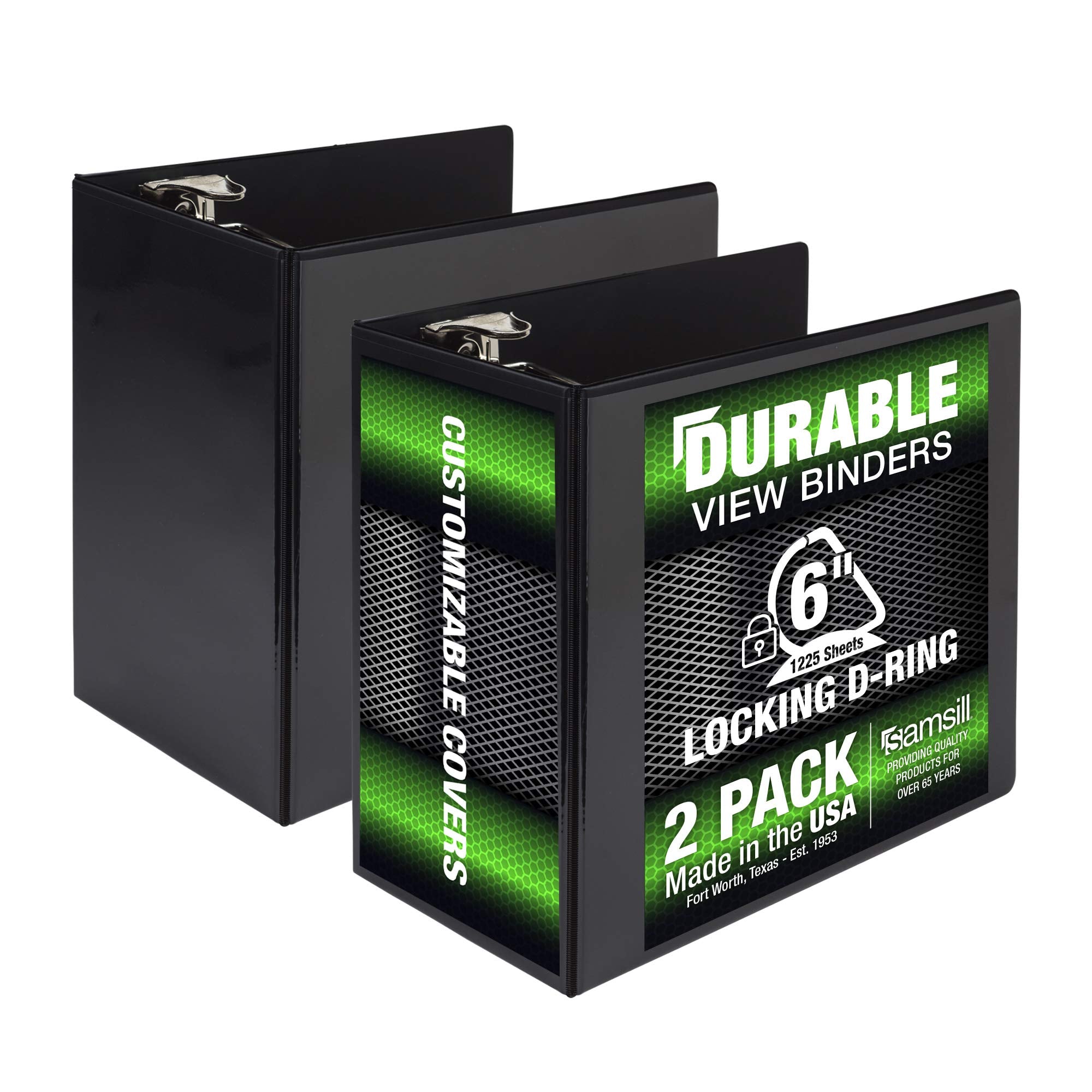 Samsill Durable 6 Inch Binder, Made In The Usa, Locking D Ring Customizable Clear View Binder, Black, 2 Pack, Each Holds 1225 Pa