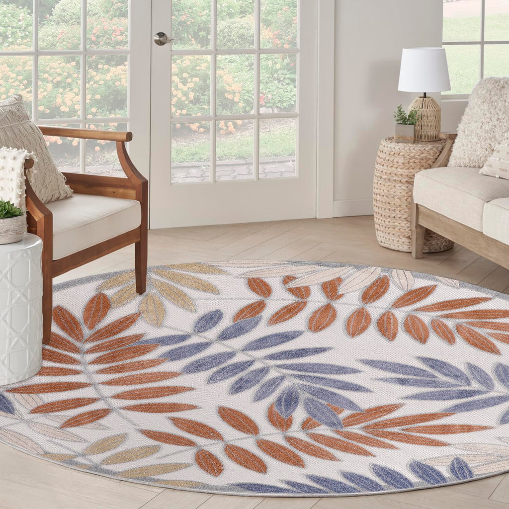 Nourison Aloha Indoor/Outdoor Blue Mocha 7’10” X Round Area Rug, Easy Cleaning, Non Shedding, Bed Room, Living Room, Dining Room, Backyard, Deck, Patio (8 Round)