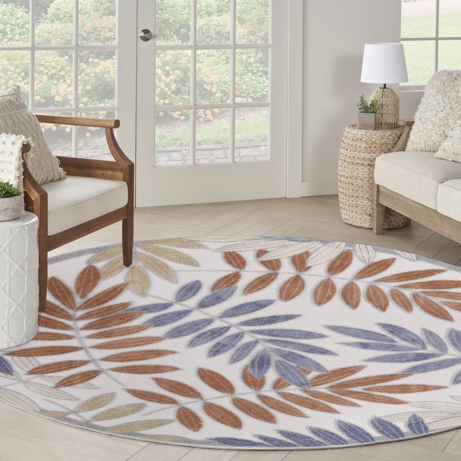 Nourison Aloha Indoor/Outdoor Blue Mocha 7’10” X Round Area Rug, Easy Cleaning, Non Shedding, Bed Room, Living Room, Dining Room, Backyard, Deck, Patio (8 Round)