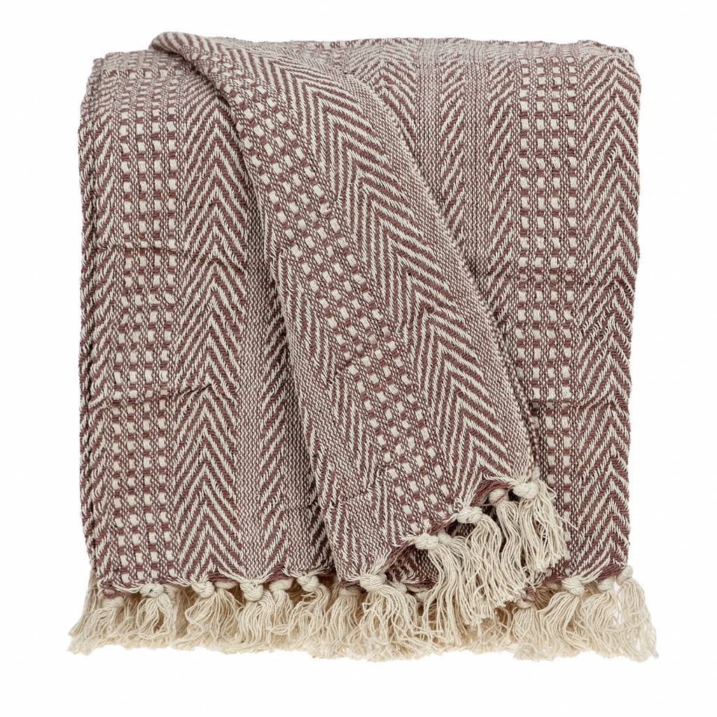 HomeRoots Pinkish Brown Cotton Brown and Beige Woven Herringbone Handloomed Throw