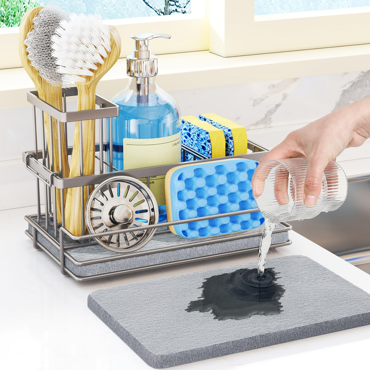 HapiRm Sink Caddy Sponge Holder  Kitchen Sink Organizer with Instant Drying Stone and Brush Holder, Stainless Steel Sponge Cadd