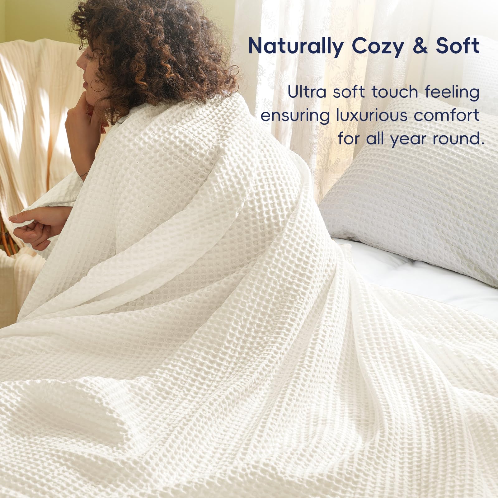 Phf Ultra Soft Waffle Weave Blanket Queen Size 90'X 90'- Washed Lightweight Breathable Cozy Woven Blanket For Bed - Aesthetic Decor For Couch Bedding Sofa Home Car - Coconut White