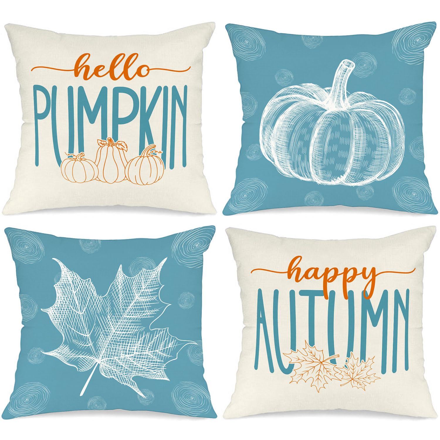 Ywlake Teal 16x16 Throw Fall Pillow Covers Set of 4, Maple Leaf Pumpkin Decorative Holiday 16 x 16 Autumn Cushion Covers Thanksg