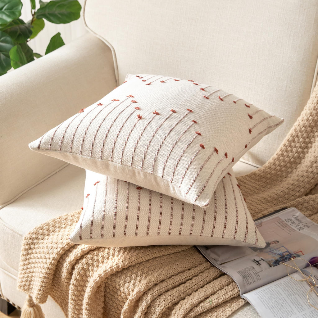 Caflife Boho Throw Pillow Covers 18X18 Set Of 2 Decorative Pillows For Bed, Neutral Pillow Covers Beige With Rust Line Throw Pil